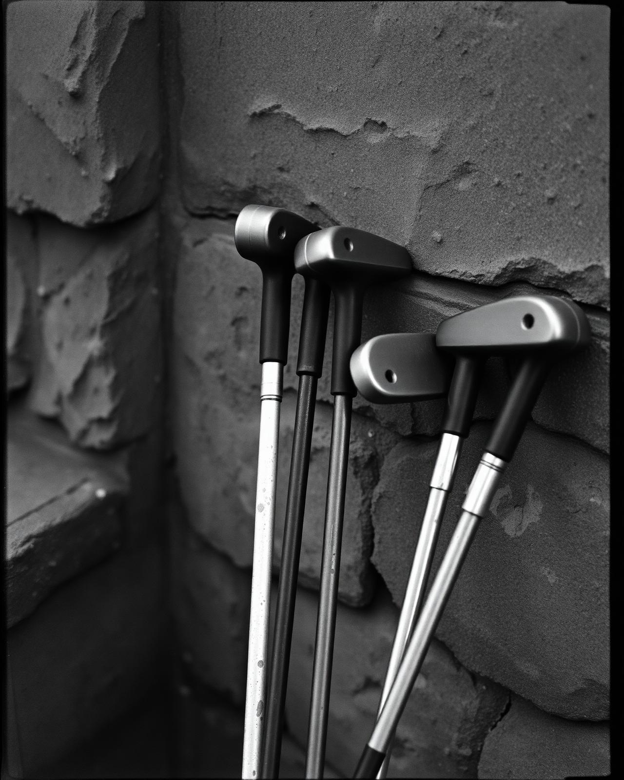 Black and white still life of vintage golf clubs